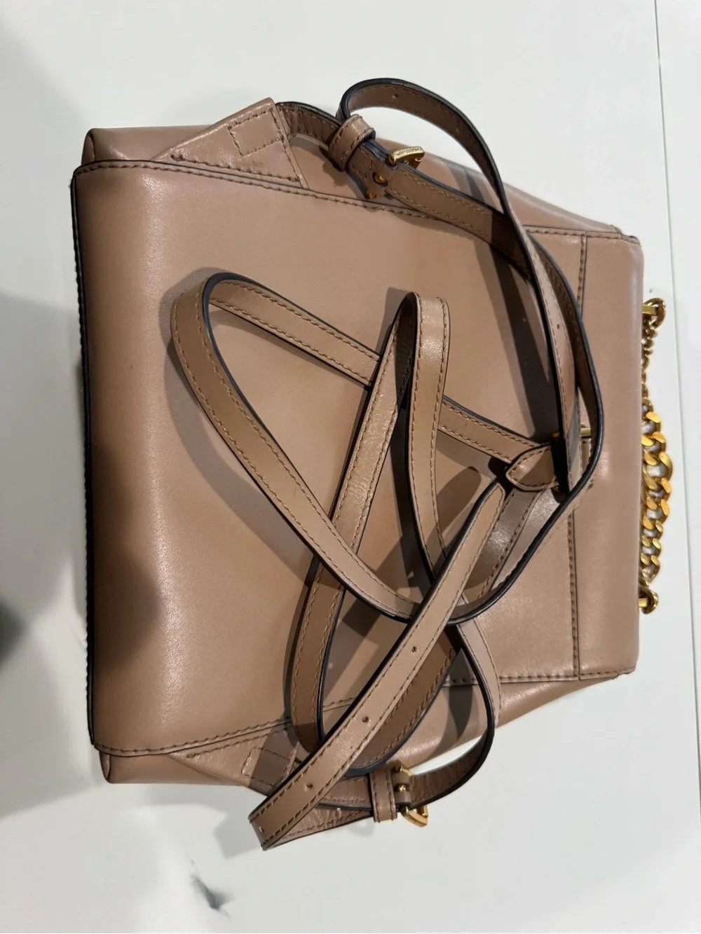 Michael Kors Taupe Leather Shoulder Bag with Gold Chain